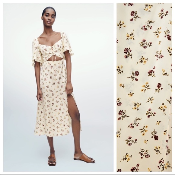NWT Zara Cream Midi Floral Print Dress - Picture 1 of 9
